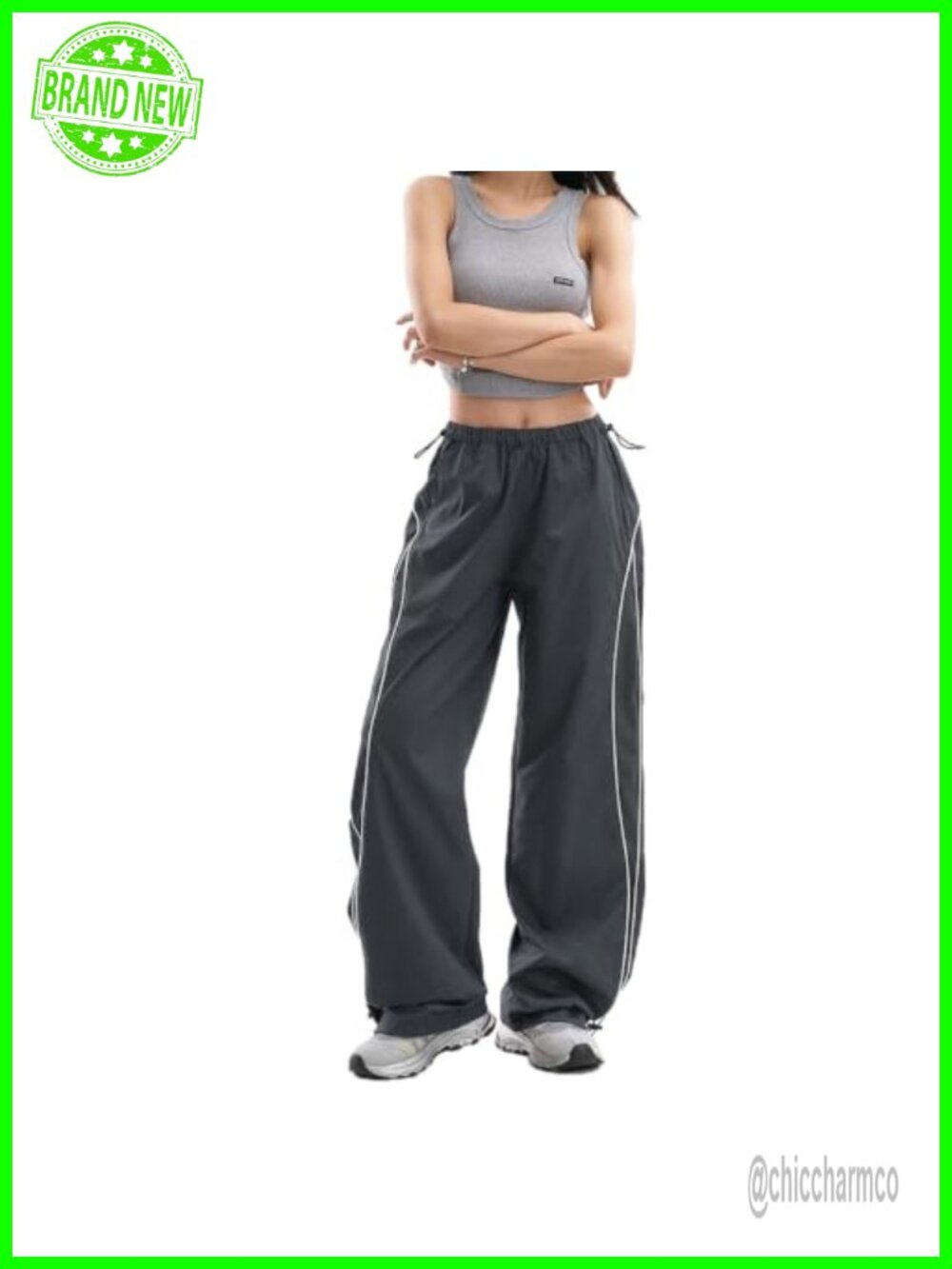 Women Parachute Pants Reflective Stripe Wide Leg Cargo Trousers High Waist